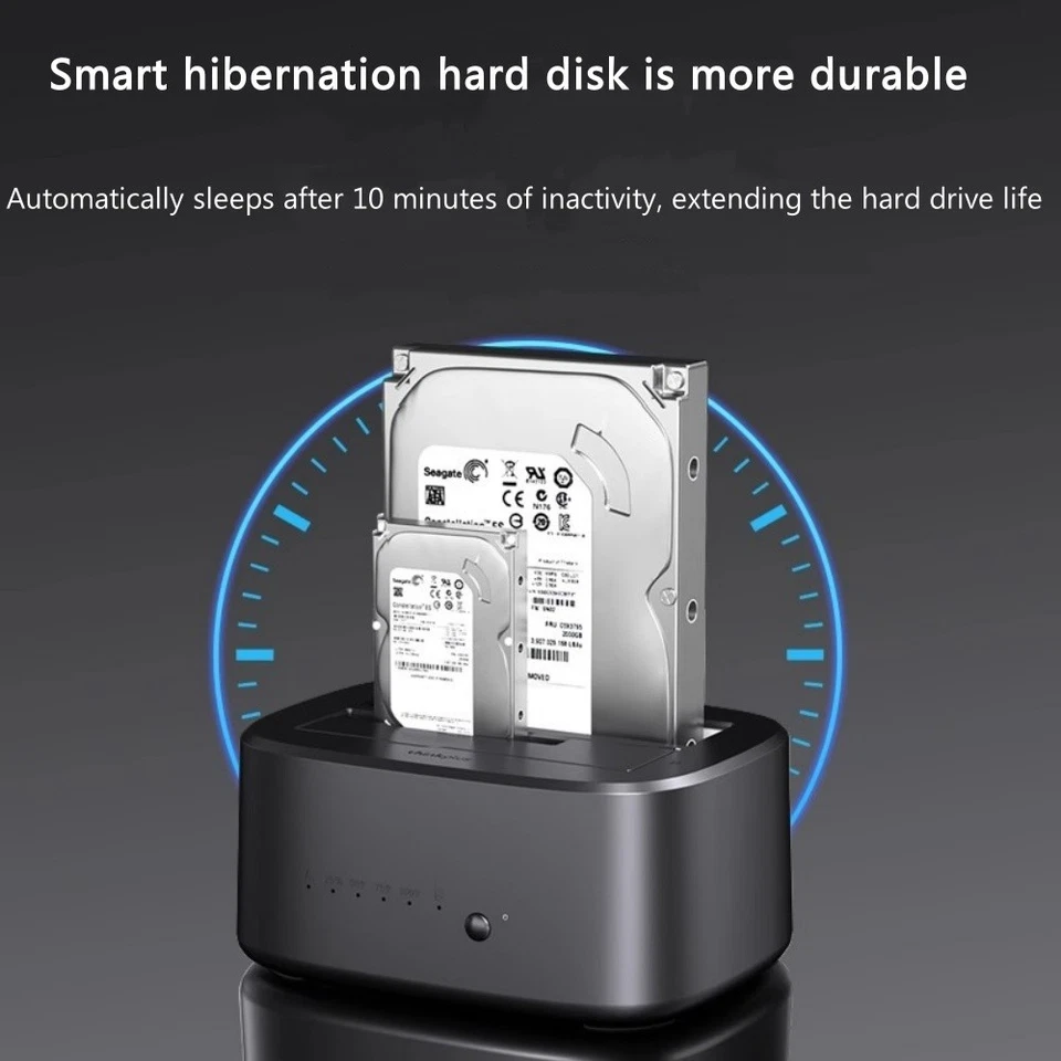 Graphic highlighting the smart hibernation feature, which automatically enters sleep mode after 10 minutes of inactivity to preserve hard drive lifespan.