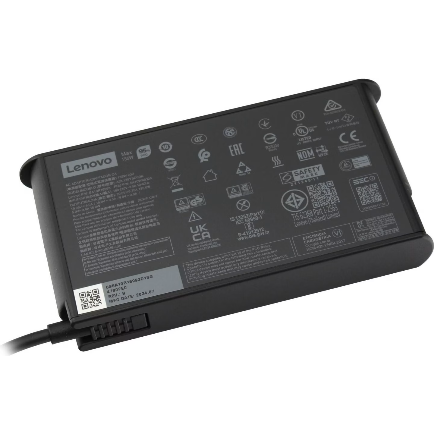 Underside specification label view of the black Lenovo / Delta 135W USB-C AC power adapter (Model: ADL135YSDC3A) displaying 20V/6.75A power output ratings, manufacturing barcodes, and regulatory safety logos.