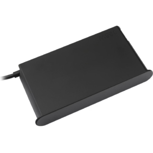Perspective top view of the matte black Lenovo 135W USB-C AC power adapter brick highlighting its recessed "135W" debossed power rating and integrated DC cable strain relief.