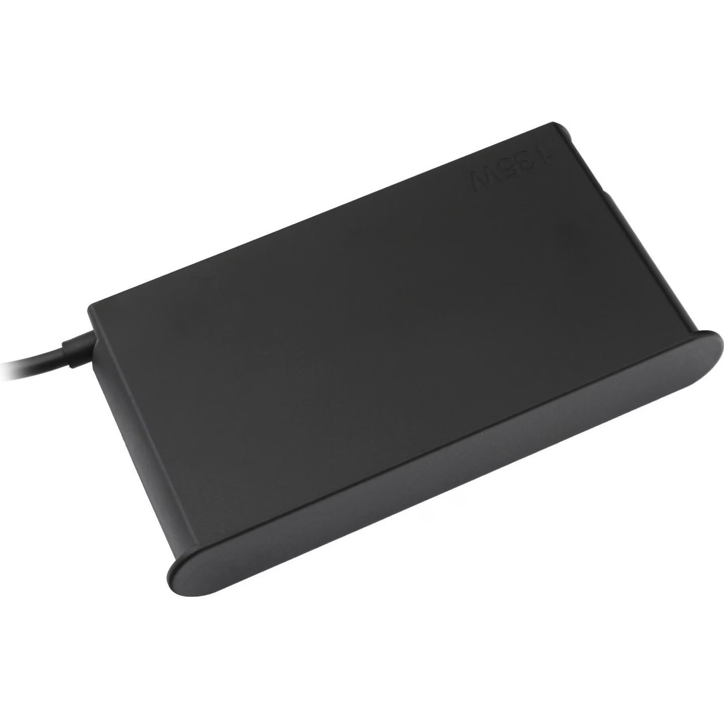 Perspective top view of the matte black Lenovo 135W USB-C AC power adapter brick highlighting its recessed "135W" debossed power rating and integrated DC cable strain relief.