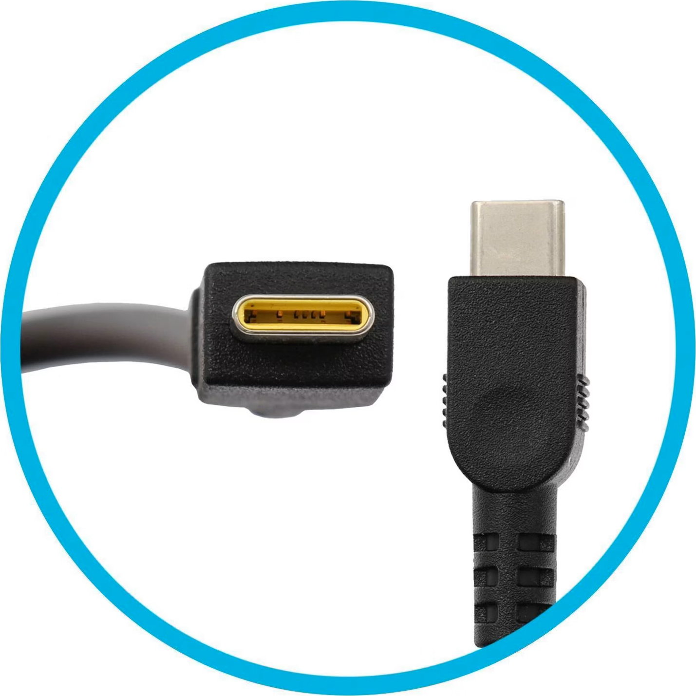 Close-up view of the yellow-accented USB Type-C output tip connector for the Lenovo 135W AC power adapter, showing its internal pin configuration and rubber strain relief boot.