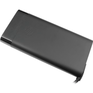 Top perspective view of the matte black HP 230W AC power adapter brick highlighting its sleek casing design, embossed HP logo, and integrated output cable strain relief.