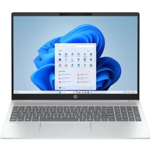 Direct front-facing view of the open natural silver HP OmniBook 16Z-BC100 laptop displaying its 16-inch WUXGA screen showing the Windows 11 desktop, top HD webcam notch, full-sized keyboard deck with number pad, top speaker grille array, and centered touchpad.