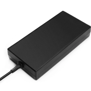 Top perspective view of the matte black Chicony 120W AC power adapter brick highlighting its clean, textured outer housing design and integrated DC cable strain relief.