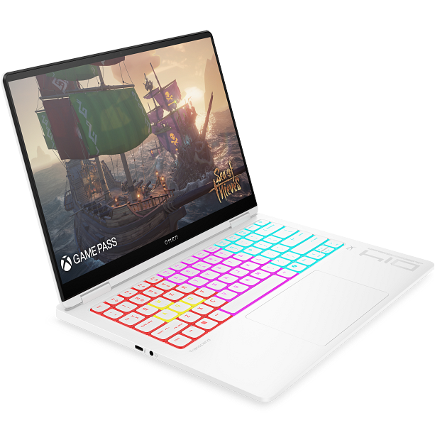 Angled front-right perspective view of the open ceramic white HP Omen Transcend 14 gaming laptop showcasing its 14-inch 2.8K OLED display running a game, slim bezels with an integrated camera notch, and a customizable multi-zone RGB backlit keyboard.