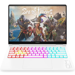 Direct front-facing view of the open ceramic white HP Omen Transcend 14 showing its 14-inch OLED display, vibrant multi-zone RGB backlit keyboard deck, centered trackpad, and stylized wrist-rest graphics.