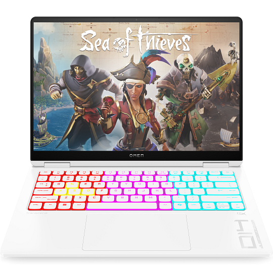 Direct front-facing view of the open ceramic white HP Omen Transcend 14 showing its 14-inch OLED display, vibrant multi-zone RGB backlit keyboard deck, centered trackpad, and stylized wrist-rest graphics.
