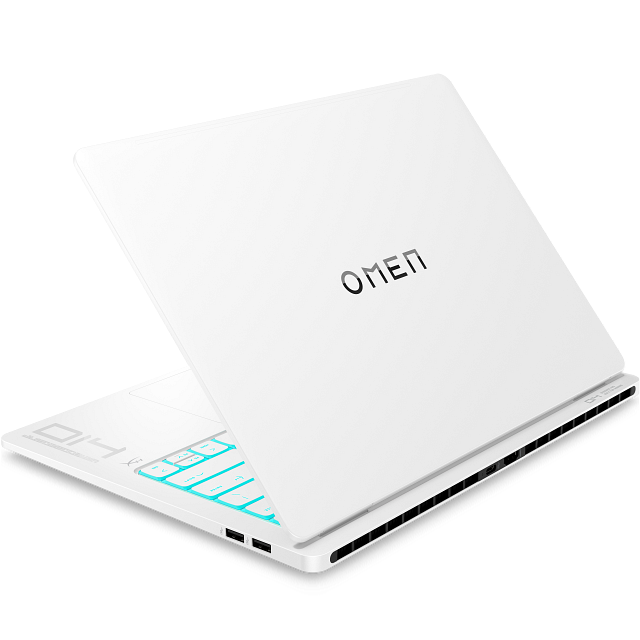 Rear-left profile view of the ceramic white HP Omen Transcend 14 laptop showcasing the clean white lid with the reflective Omen logo, the rear hinge design, and the prominent thermal exhaust vent array.