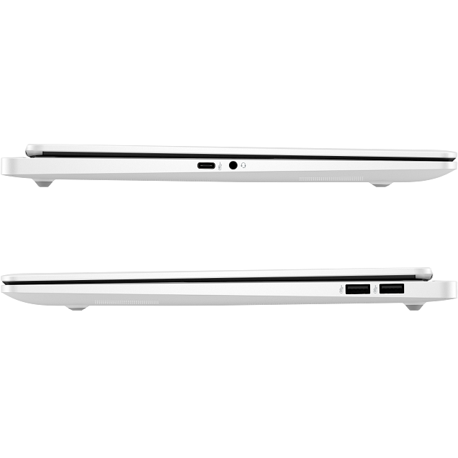 Direct left-and-right profile view of the ceramic white HP Omen Transcend 14 gaming laptop showcasing both side panels, featuring USB Type-C ports, an audio combo jack, ventilation grilles, and standard USB-A ports.
