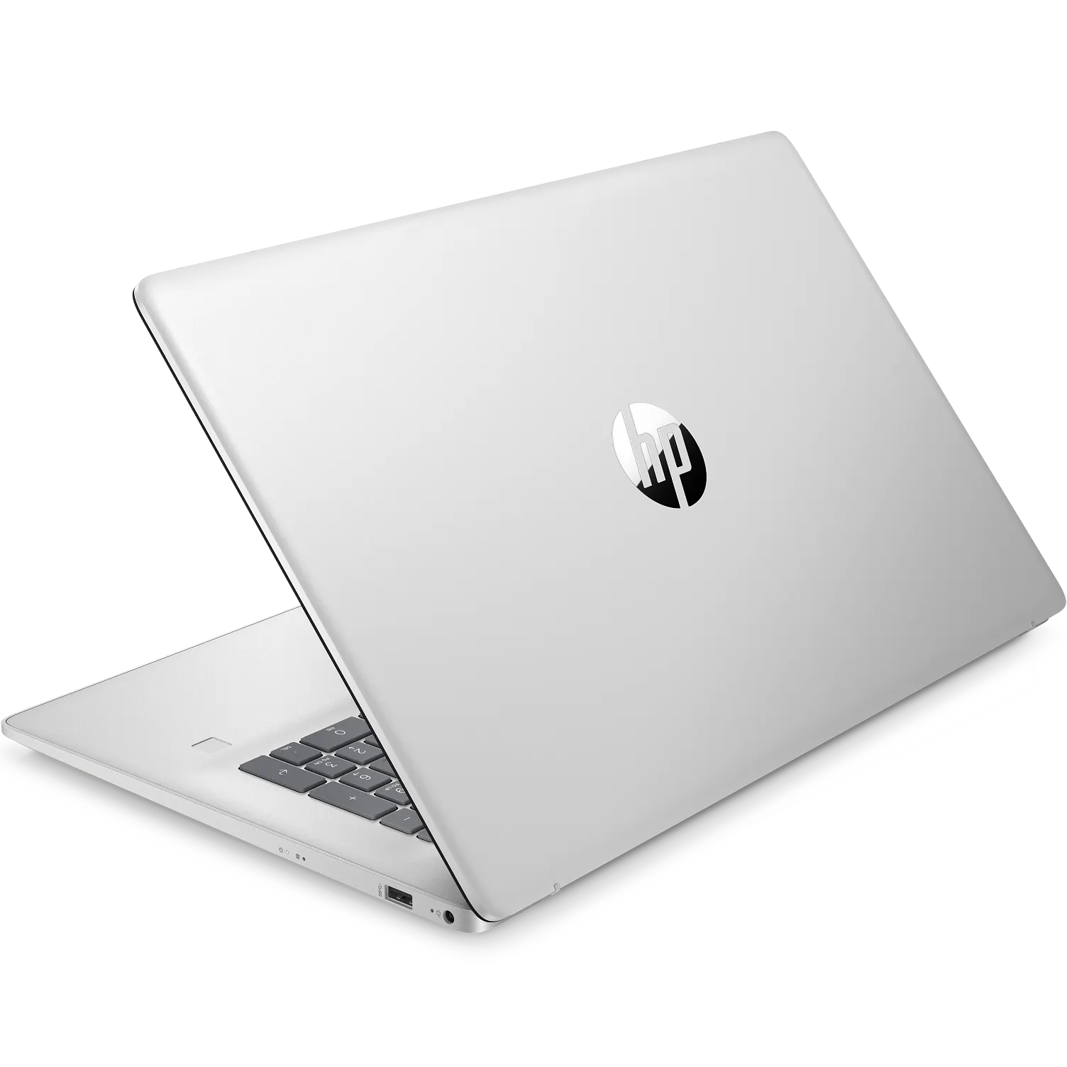 Rear-left perspective view of the closed natural silver HP AI 17-cn5xxx laptop highlighting its smooth aluminum-finish lid with a centered reflective HP logo, rear hinge assembly, and right-side connectivity ports.