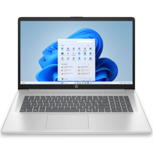 Direct front-facing view of the open natural silver HP AI 17-cn5xxx laptop displaying its 17.3-inch HD screen showing the Windows 11 desktop, top HD webcam notch, full-sized keyboard deck with number pad, top speaker grille array, fingerprint sensor on the palm rest, and large touchpad.