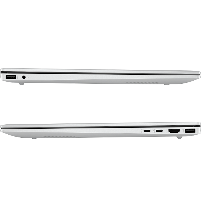 Dual profile views of the glacier silver HP OmniBook 5 16-ba1xxx showing the left side port selection (USB Type-A and headphone/microphone jack) alongside the right side ports (USB Type-C ports, HDMI output, and USB Type-A port).