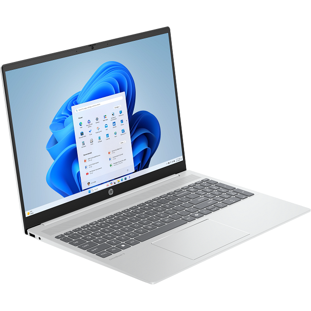Front-right angled perspective of the open HP OmniBook 5 16-ba1xxx running Windows 11 with the Start menu open on its 16.0-inch WUXGA display.