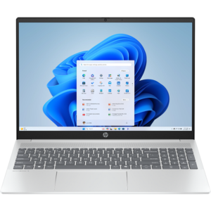 Direct front-facing view of the open HP OmniBook 5 16-ba1xxx showcasing its full-sized keyboard with a dedicated numeric keypad and centered trackpad.
