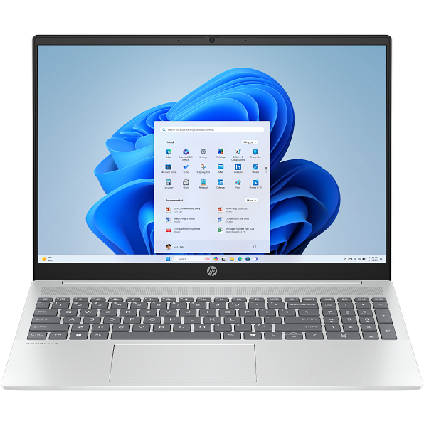 Direct front-facing view of the open HP OmniBook 5 16-ba1xxx showcasing its full-sized keyboard with a dedicated numeric keypad and centered trackpad.