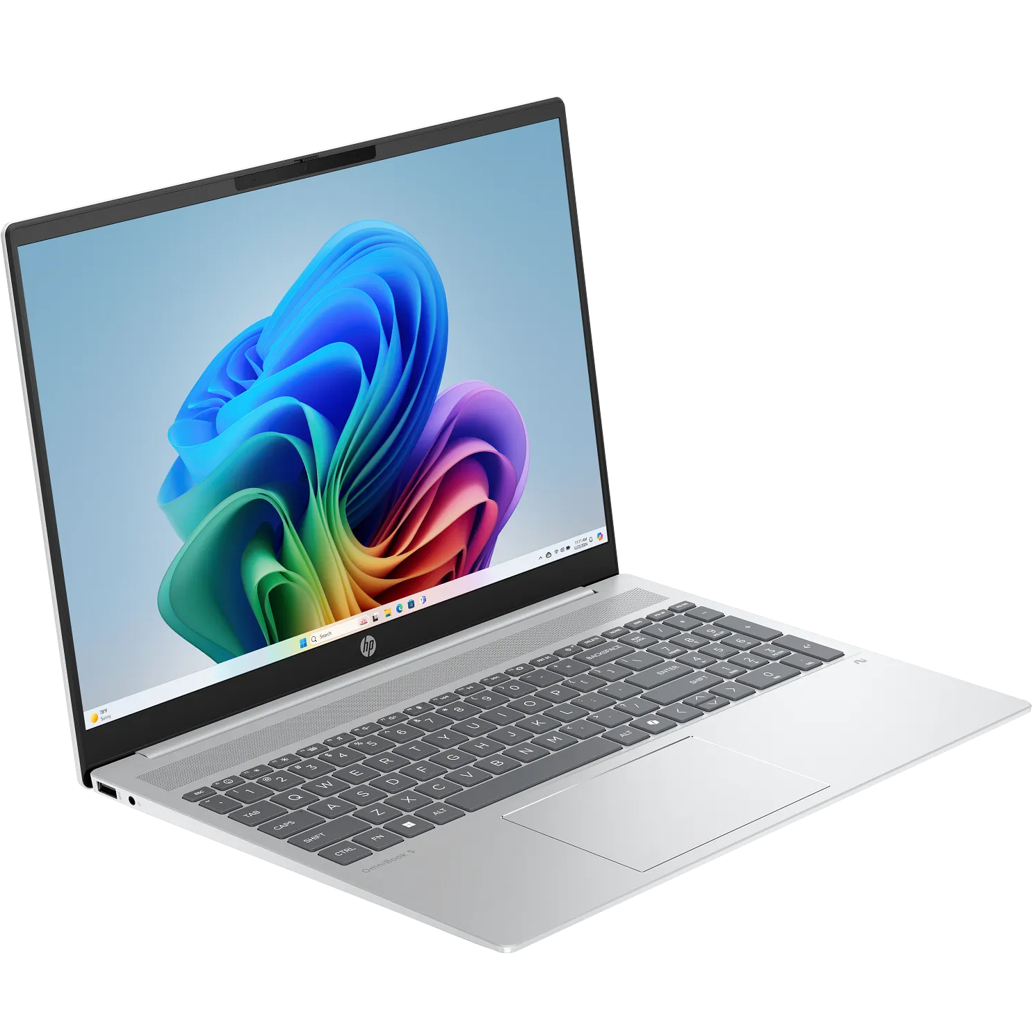 Front-right angled view of the open glacier silver HP OmniBook 5 16Z-ag100 running Windows 11 with a colorful abstract swirl wallpaper on its 16.0-inch WUXGA display.