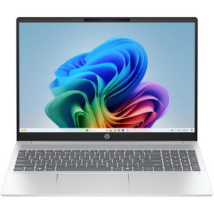 Direct front-facing view of the open HP OmniBook 5 16Z-ag100 showcasing its full keyboard deck with integrated numeric keypad, centered touchpad, and 16.0-inch display running Windows 11.