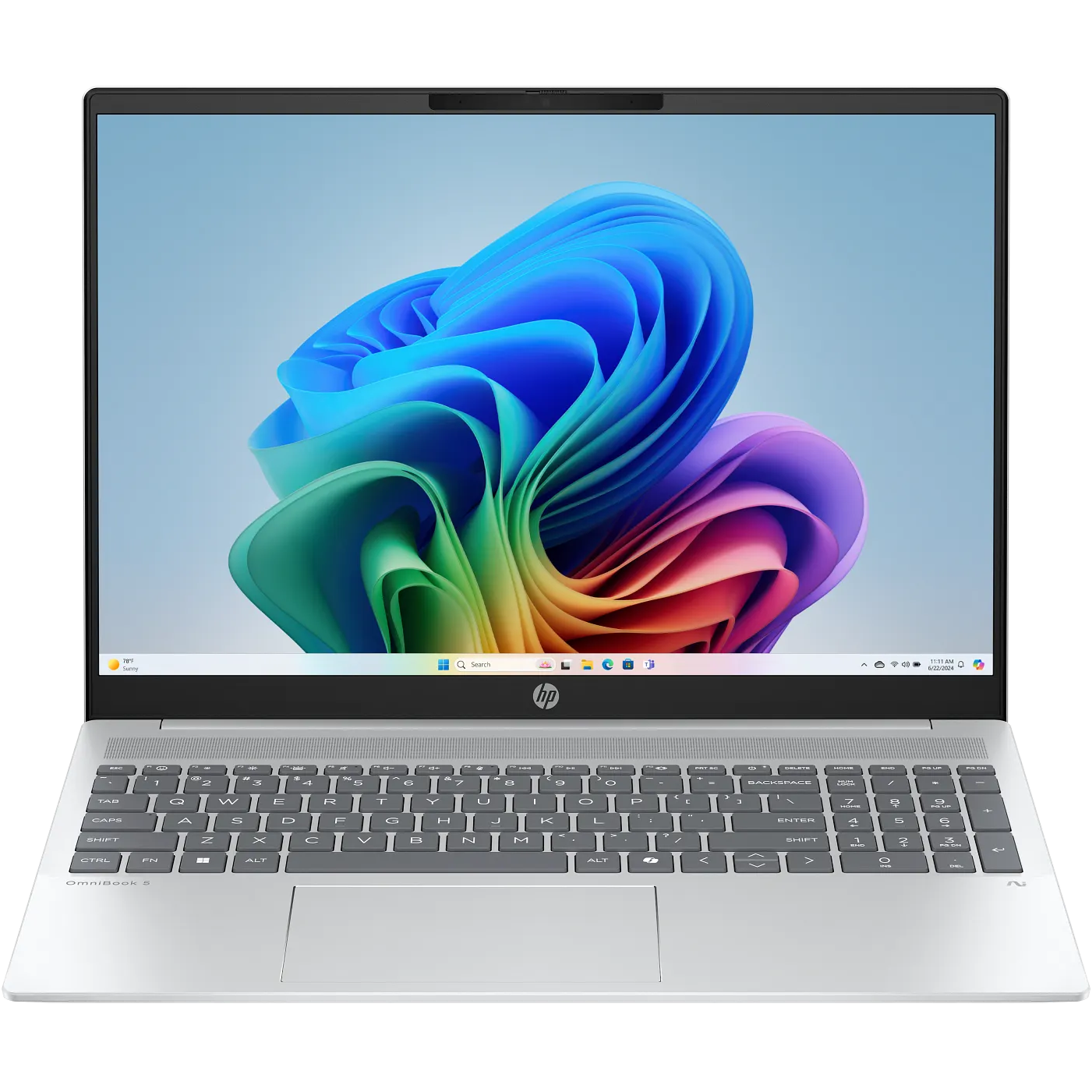 Direct front-facing view of the open HP OmniBook 5 16Z-ag100 showcasing its full keyboard deck with integrated numeric keypad, centered touchpad, and 16.0-inch display running Windows 11.