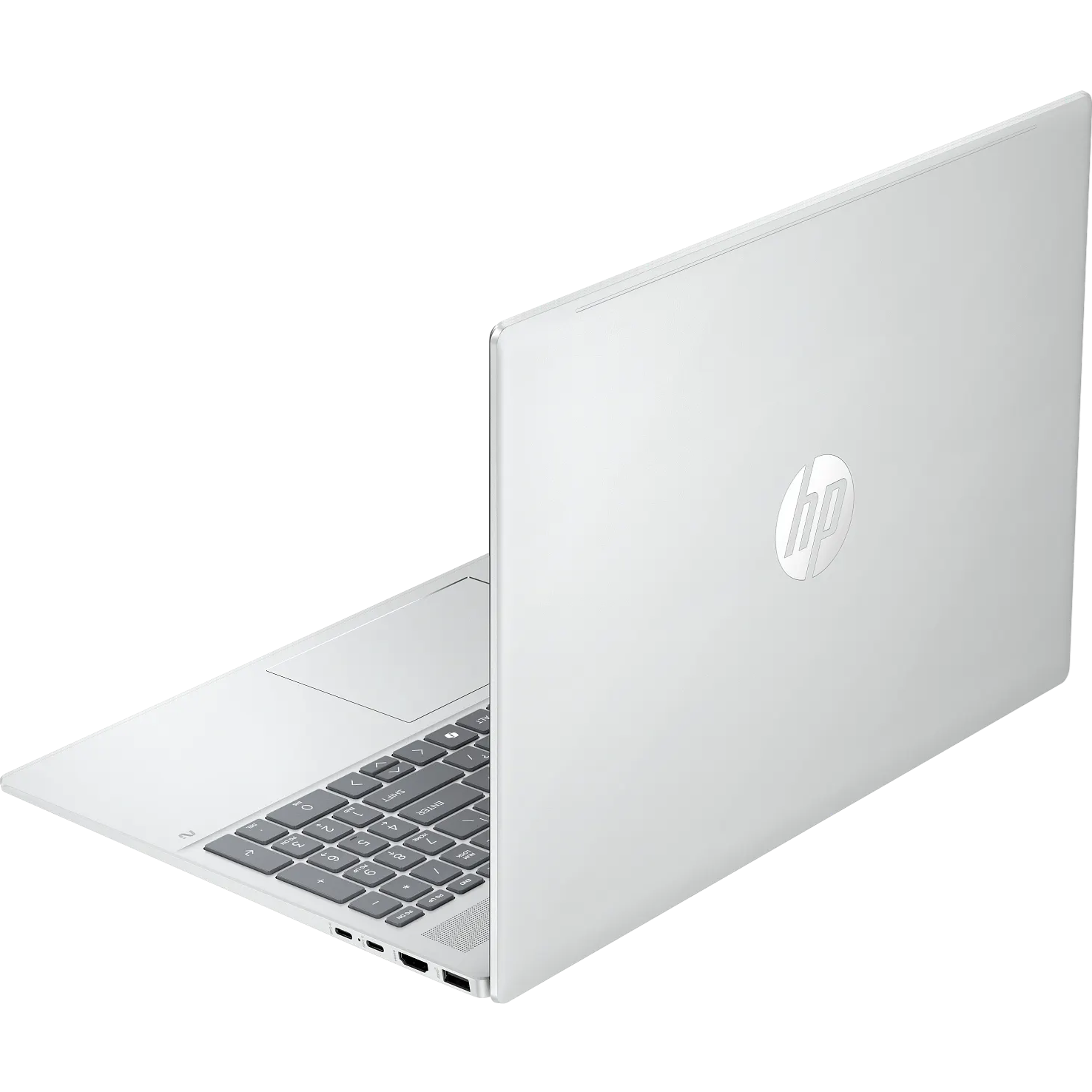 Rear-angled view of the open glacier silver HP OmniBook 5 16Z-ag100 featuring its metallic lid with centered HP logo, keyboard deck with numeric keypad, and right-side ports including two USB Type-C ports, an HDMI output, and a USB Type-A port.