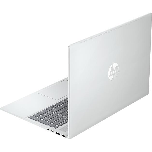 Rear-angled view of the closed glacier silver HP OmniBook 5 16-ba1xxx highlighting its clean metallic lid with the centered silver HP logo and visible left-side I/O ports.