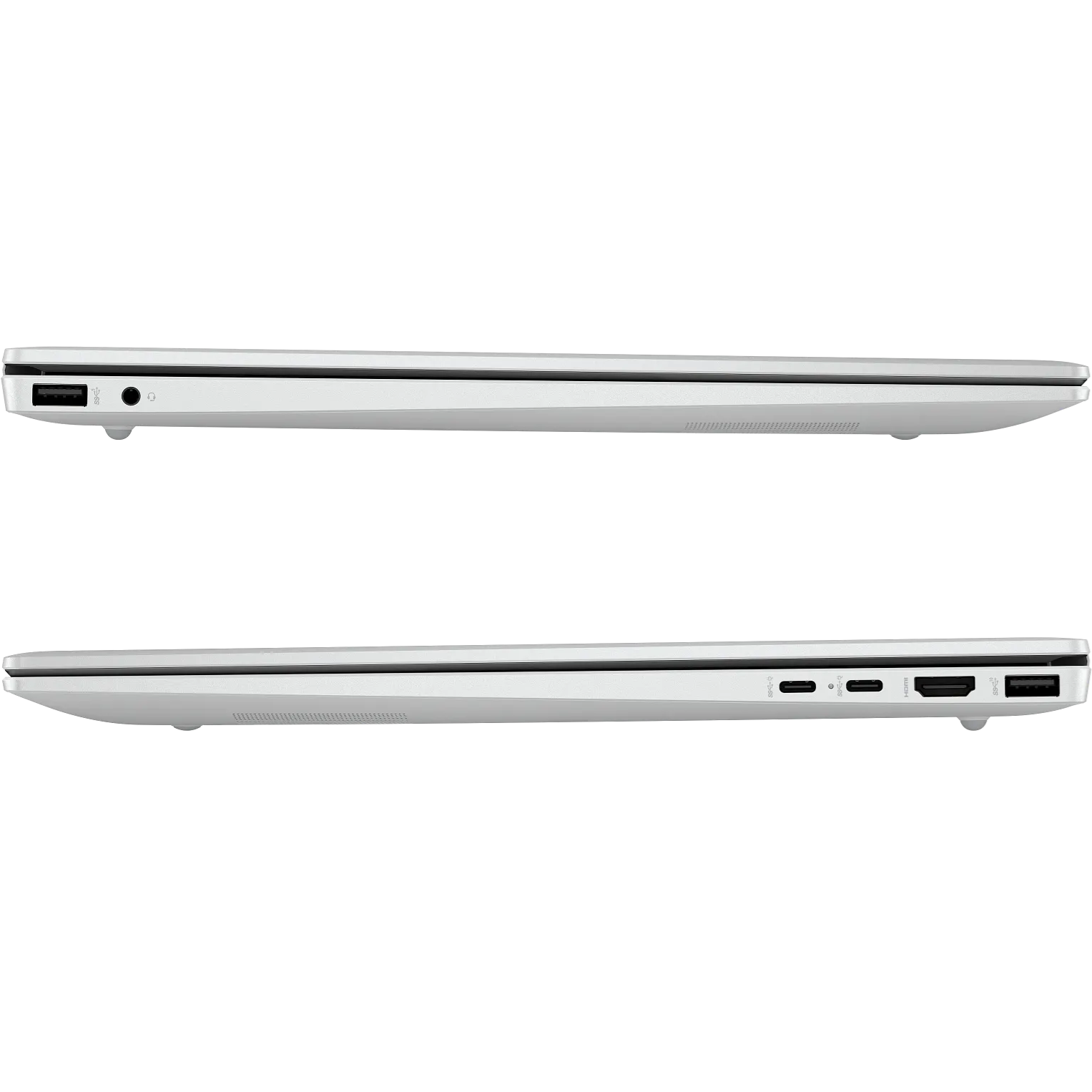 Stacked profile views of the HP OmniBook 5 16Z-ag100 showing the left-side layout (USB Type-A port and audio combo jack) above the right-side layout (two USB Type-C ports, HDMI output, and USB Type-A port).