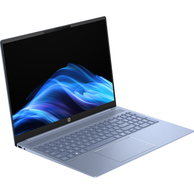 Angled front-right perspective view of the open sky blue HP OmniBook 5 AI 16-af1xxx laptop displaying its 16-inch WUXGA display with abstract blue wave wallpaper, slim screen bezels, IR camera notch, full-sized keyboard with numeric keypad, and large touchpad.
