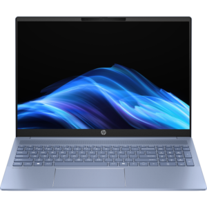 Direct front-facing view of the open sky blue HP OmniBook 5 AI 16-af1xxx laptop showcasing its 16-inch WUXGA screen displaying vibrant blue graphics, top webcam module, speaker grille array, matching sky blue keyboard deck with number pad, and wide touchpad.