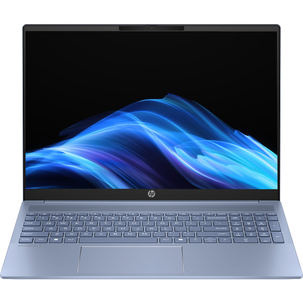 Direct front-facing view of the open sky blue HP OmniBook 5 AI 16-af1xxx laptop showcasing its 16-inch WUXGA screen displaying vibrant blue graphics, top webcam module, speaker grille array, matching sky blue keyboard deck with number pad, and wide touchpad.