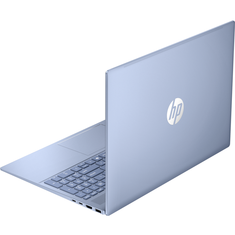 Rear-left perspective view of the open sky blue HP OmniBook 5 AI 16-af1xxx laptop showing its smooth sky blue lid with the reflective circular HP logo, rear drop-down hinge, and left-side connectivity ports.
