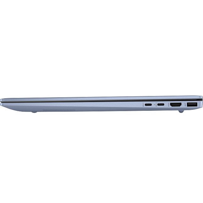 Direct left side profile view of the sky blue HP OmniBook 5 AI 16-af1xxx laptop showcasing its slim profile, dual USB Type-C ports, HDMI output port, and a USB Type-A port.