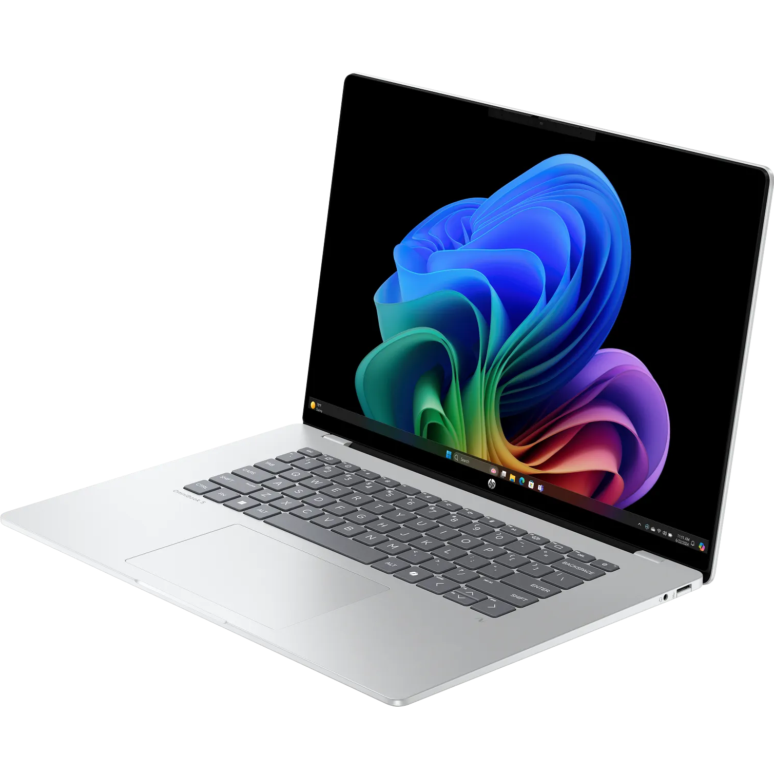 Angled front-left perspective view of the open glacier silver HP OmniBook 5 Next Gen AI 16-bf0xxx laptop showcasing its 16-inch WUXGA OLED display with vibrant abstract wallpaper, slim bezels featuring an IR webcam notch, matching silver keyboard deck without a numpad, and large centered trackpad.