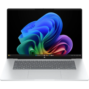 Direct front-facing view ofInBuffer the open glacier silver HP OmniBook 5 Next Gen AI 16-bf0xxx laptop displaying its 16-inch WUXGA screen running Windows 11, top IR camera module, compact grey keyboard without a numeric keypad, and wide touchpad.