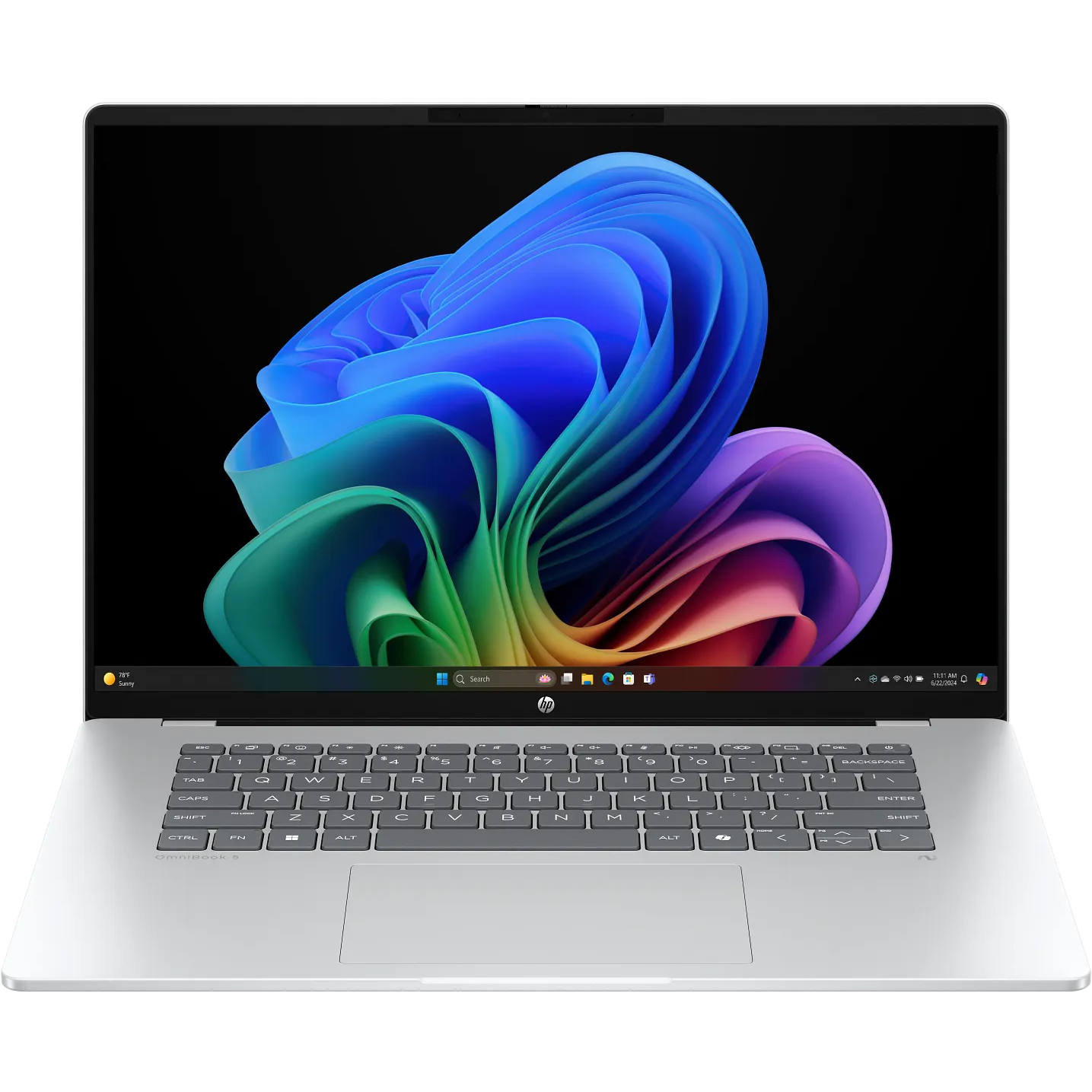 Direct front-facing view ofInBuffer the open glacier silver HP OmniBook 5 Next Gen AI 16-bf0xxx laptop displaying its 16-inch WUXGA screen running Windows 11, top IR camera module, compact grey keyboard without a numeric keypad, and wide touchpad.