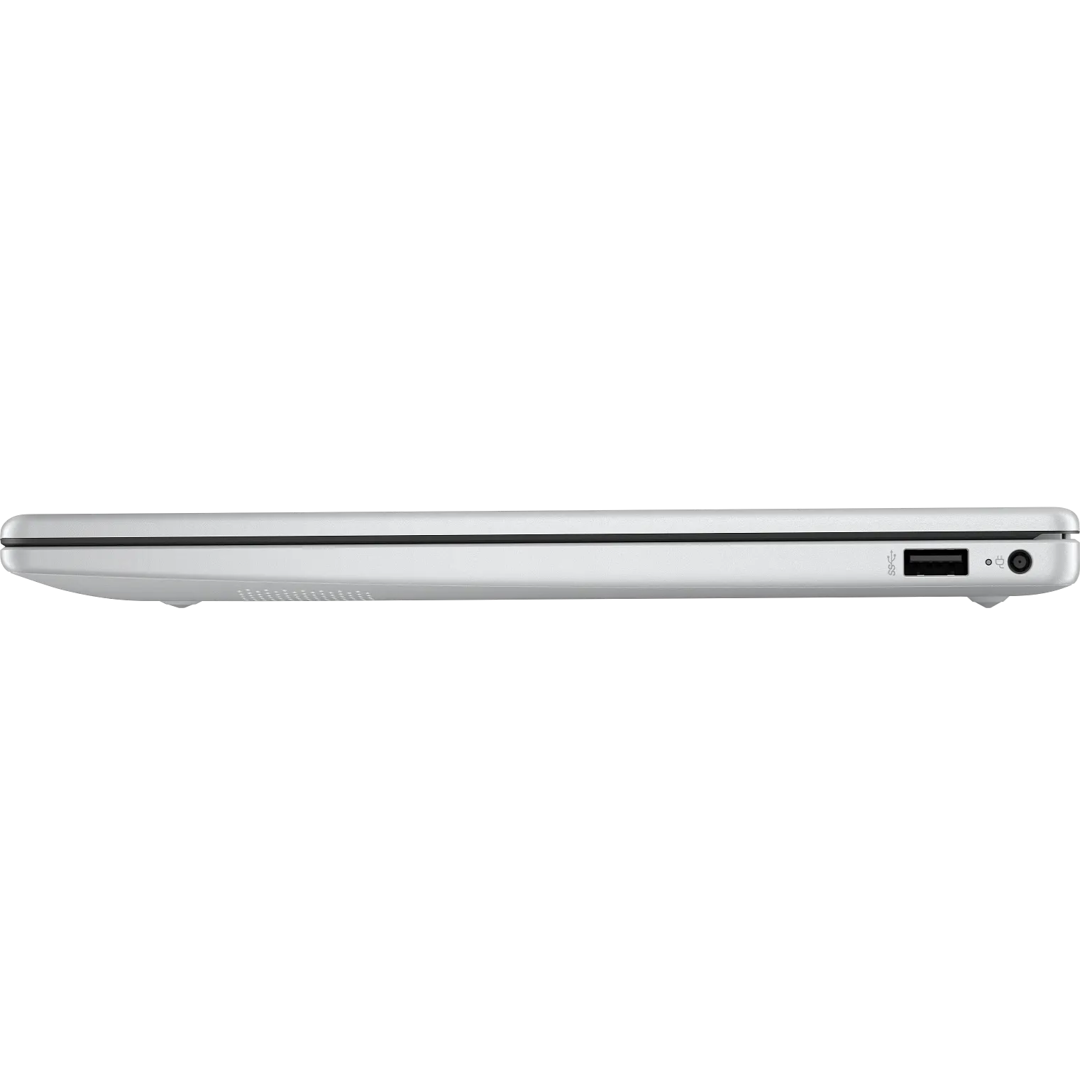 Direct right side profile view of the glacier silver HP OmniBook 3 14-ha0xxx laptop showing its side layout with a USB Type-A port and a round barrel AC power connector port.