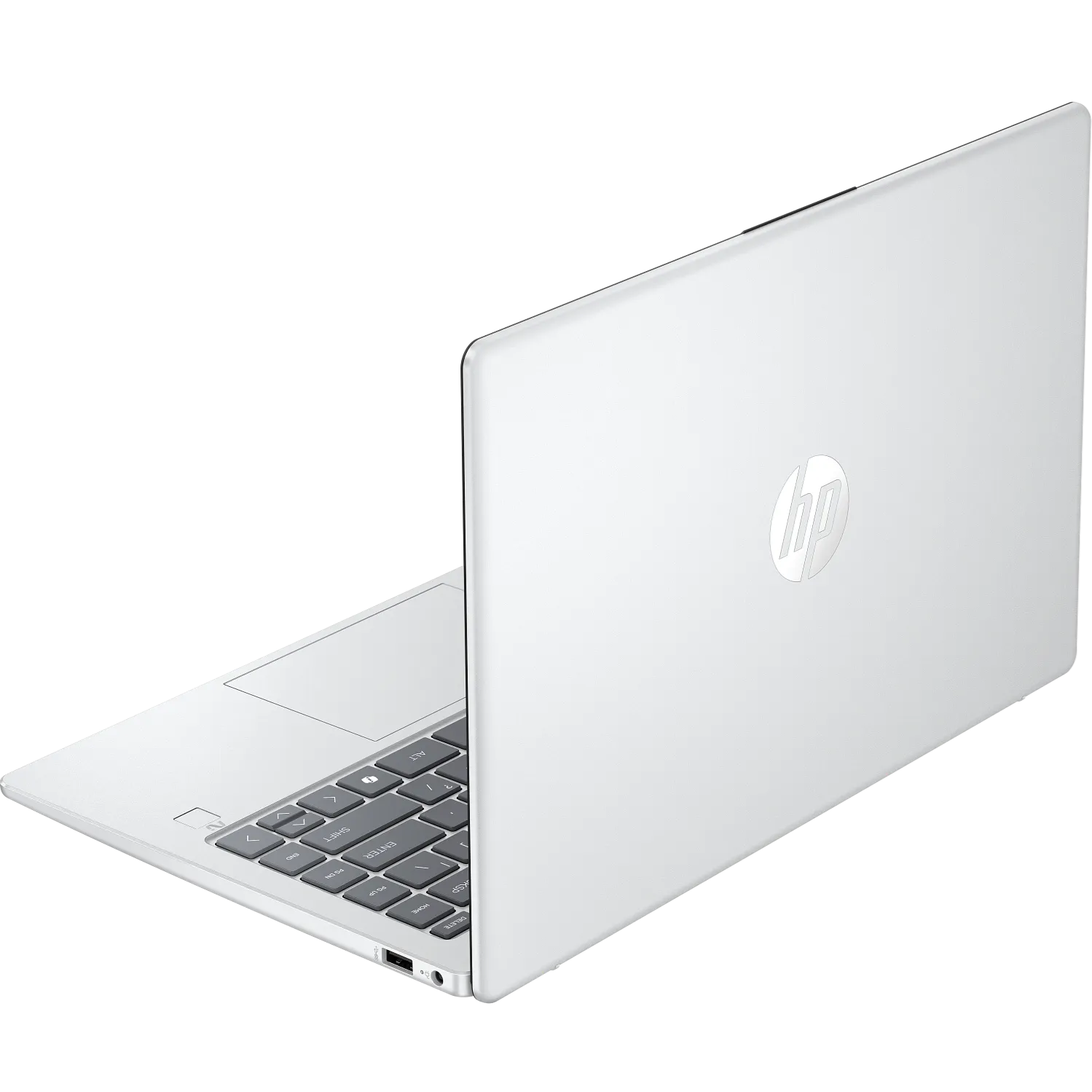 Rear-left perspective view of the closed glacier silver HP OmniBook 3 14-ha0xxx laptop displaying its smooth metallic silver lid with the centered reflective HP logo, rear drop-down hinge, and right-side connectivity ports.