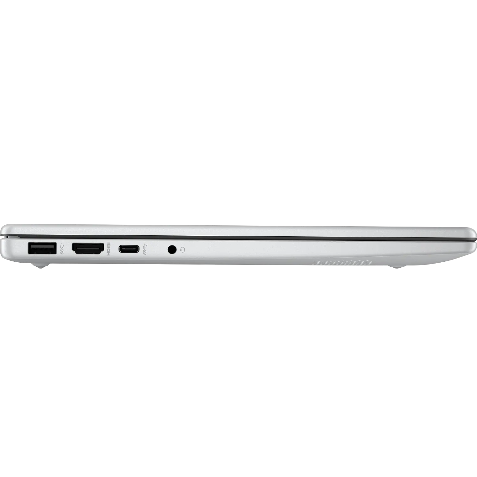 Direct left side profile view of the glacier silver HP OmniBook 3 14-ha0xxx laptop displaying its I/O layout featuring a USB Type-A port, HDMI port, USB Type-C port, and a 3.5mm headphone/microphone combo jack.