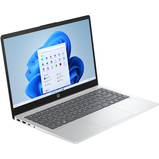 Angled front-right perspective view of the open glacier silver HP OmniBook 3 14-ha0xxx laptop showcasing its 14-inch FHD display running Windows 11 with the Start Menu open, slim bezels with top IR webcam shutter, matching silver palm rest with grey keyboard deck, integrated fingerprint reader, and touchpad.