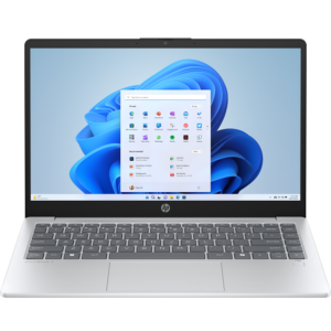 Direct front-facing view of the open glacier silver HP OmniBook 3 14-ha0xxx laptop showcasing its 14-inch FHD screen running Windows 11, top webcam notch, compact grey keyboard deck, fingerprint sensor on the palm rest, and centered touchpad.