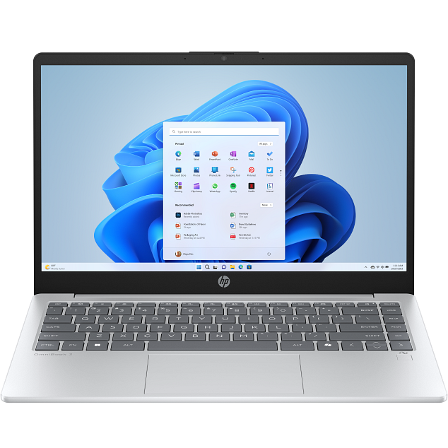Direct front-facing view of the open glacier silver HP OmniBook 3 14-ha0xxx laptop showcasing its 14-inch FHD screen running Windows 11, top webcam notch, compact grey keyboard deck, fingerprint sensor on the palm rest, and centered touchpad.