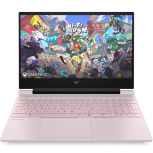 Front-facing view of the open HP Victus 15 gaming laptop displaying the 15.6-inch display, webcam, and full keyboard with a numeric keypad.