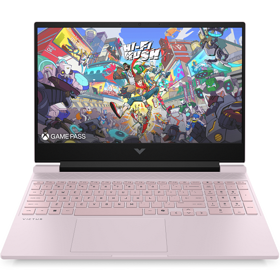 Front-facing view of the open HP Victus 15 gaming laptop displaying the 15.6-inch display, webcam, and full keyboard with a numeric keypad.