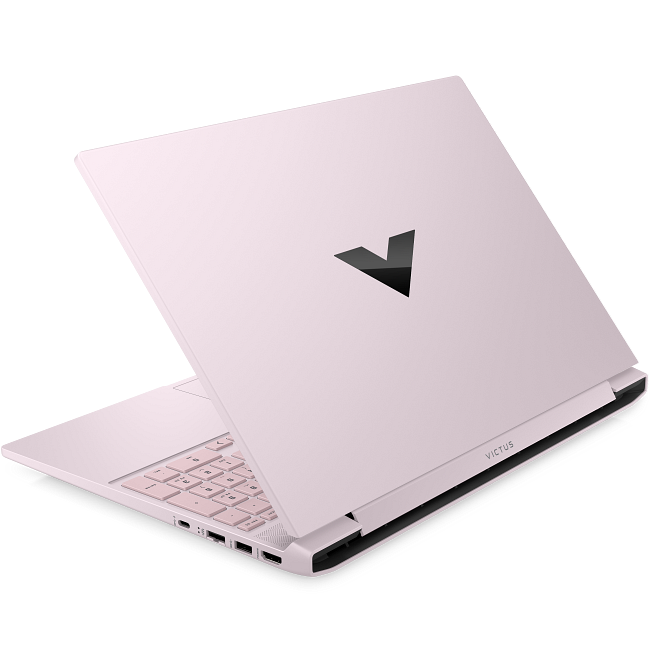 Rear-left angled view of the closed powder pink HP Victus 15 laptop featuring the black 'V' logo on the lid and rear ventilation ports.