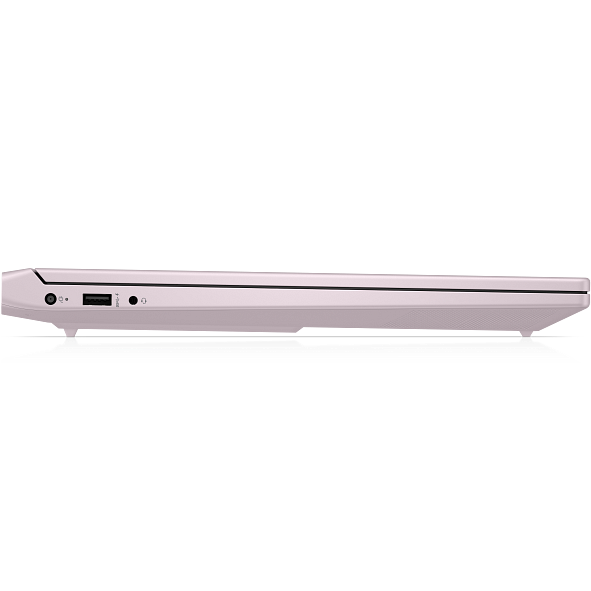 Right profile view of the powder pink HP Victus 15 gaming laptop showcasing the power connector, a USB Type-A port, and a headphone/microphone combo jack.