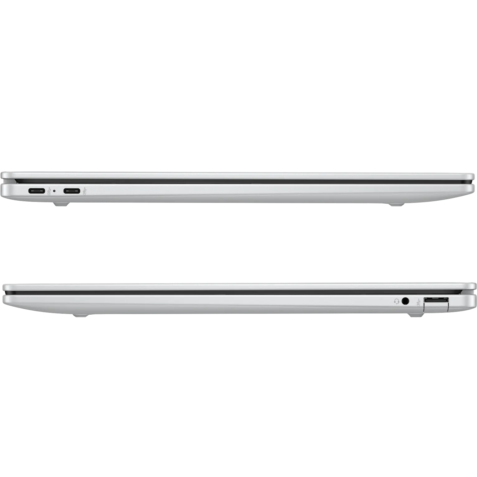 Stacked dual-profile view of the glacier silver HP OmniBook 5 Next Gen AI 16-bf0xxx laptop showing the left side with dual USB Type-C ports and the right side with a 3.5mm audio jack and a USB Type-A port.