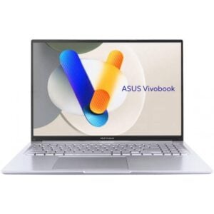 Direct front-facing view of the open silver ASUS Vivobook 16 F1605VA displaying its 16-inch FHD+ screen with ASUS Vivobook graphic wallpaper, slim side bezels, centered touchpad, and full-size keyboard layout.
