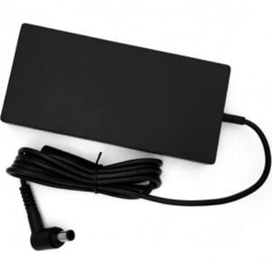 Top view of the matte black Chicony 180W power adapter brick alongside its coiled DC output cable and right-angle 7.4x5mm barrel connector plug.
