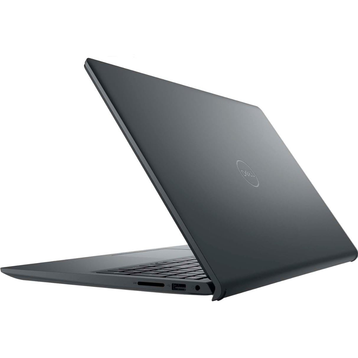 Rear-angled view of the closed dark carbon black Dell Inspiron 15 3535 laptop showing its textured lid and silver Dell logo.
