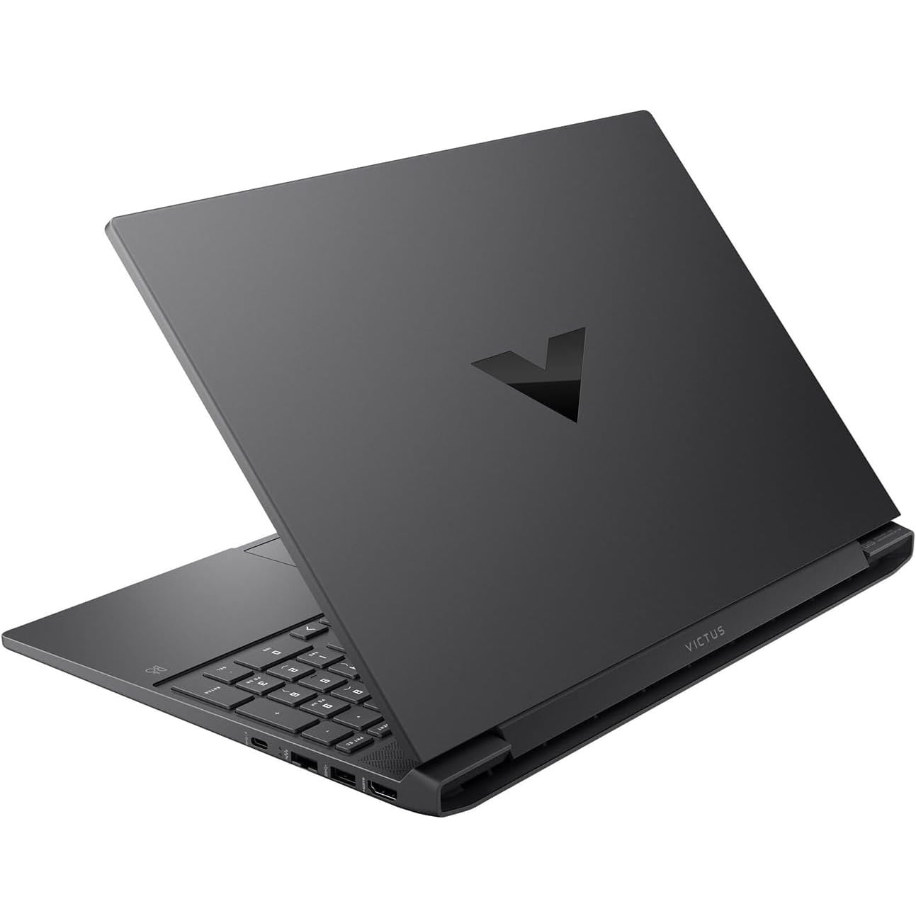 Rear-angled view of the dark ash silver HP Victus 15-FA200 gaming laptop lid featuring the prominent 'V' logo and 'VICTUS' branding along the hinge.