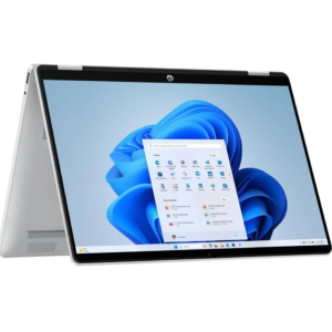 Tent-mode orientation of the silver HP OmniBook x360 14-ap0xxx 2-in-1 laptop standing upright, displaying its 14.0-inch touchscreen running Windows 11.