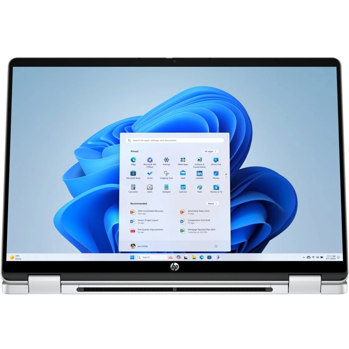 Direct front-facing view of the open HP OmniBook x360 14-ap0xxx running Windows 11 with the Start menu open on its 14.0-inch WUXGA touchscreen.